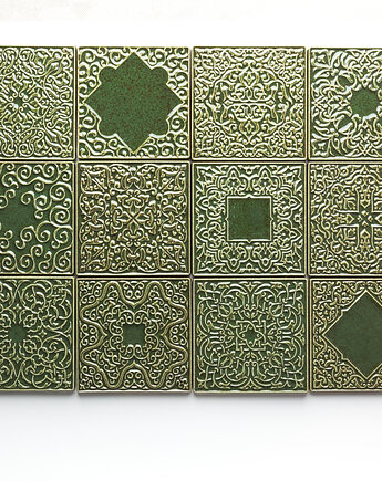 Kafle dwanaście ornamentów, zielonobrązowe., pracowniazona