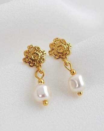 Kolczyki złote z perłami i ozdobnym zapięciem, Laoni