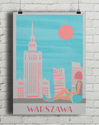 Plakat Warszawa - panorama miasta i Pałac Kultury, minimalmill