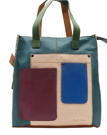 Torebka damska shopper, pojemna, skórzana ze skrawków kolorowa OLIVKA, Olivka Warsaw