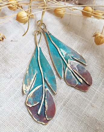 Kolczyki artystyczne długie tulipany  z mosiądzu patynowane, Leaflay