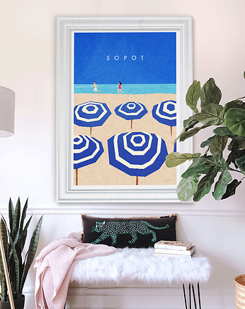 Plakat Sopot - plaża z parasolkami, minimalmill