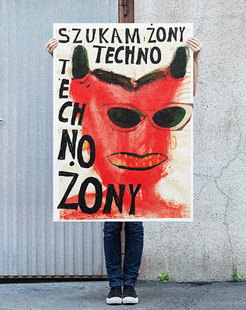 Plakat Szukam Techno Żony ilustracja poster na prezent, BEATNIK illustration
