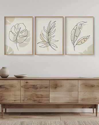 Zestaw 3 stylowych plakatów w stylu Boho, rośliny, monstera, line art., Grawisfera