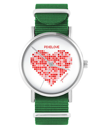 Zegarek - Serce pikselove - zielony, nylonowy, yenoo
