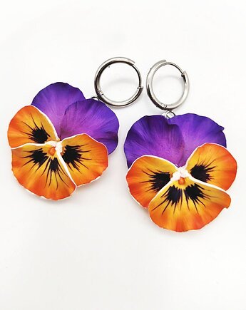 Kolczyki bratki fioletowe pomarańczowy wiszące, kwiaty z gliny polimerowej, Albina LaBelle