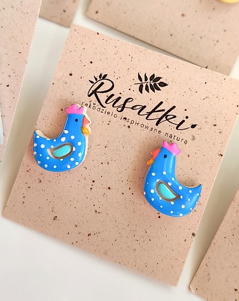 Kolczyki sztyfty kurki ptaszki, kolorowe niebieskie, rustykalne, wiejskie, Dary Rusałki