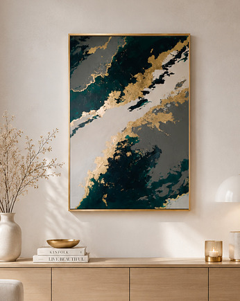 MALACHIT I ZŁOTO Abstrakcyjny obraz ręcznie malowany, 100x70 cm, Anna Jatczak Art