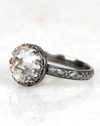 Srebrny oksydowany pierścionek Princess z kryształem górskim w stylu Vintage, Blooming Stones