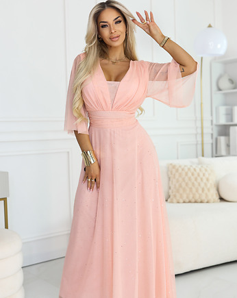 654-4 Długa połyskująca sukienka plus size z dekoltem - różowa, NUMOCO