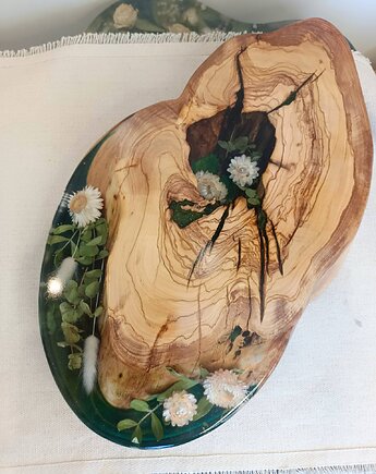 Deska do serwowania z drewnem oliwnym i żywicą - tonacja zielona, Majuto Resin Art