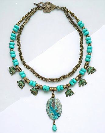 UNIKATOWY naszyjnik : jaspis : turkus i stare złoto : etno, kaktusia