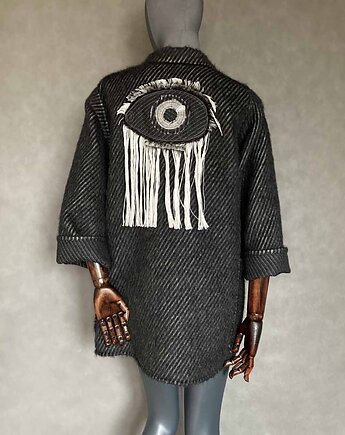 Kimono wełniane patchworkowe oko z frędzlami., PinPin