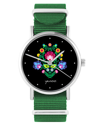 Zegarek - Folkowy czarny - zielony, nylonowy, yenoo