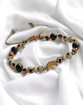 PREMIUM : lunula : JASPIS dalmatyński, turmalin, KAMIEŃ RZECZNY, kaktusia