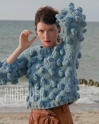 Bubbles sweter na drutach z alpaki błękitny, PANAPUFA