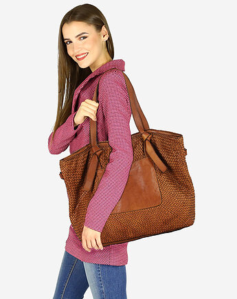 Torebka pleciona damska skórzany shopper bag - MARCO MAZZINI brąz camel, Marco Mazzini