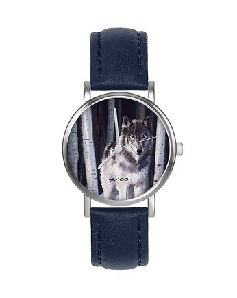 Zegarek  mały - Szary wilk - skórzany, granatowy, yenoo