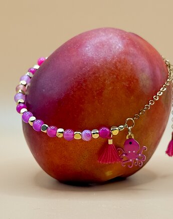 Figlarna Ośmiornica Bransoletka z różowym agatem i zawieszkami /seria Boho, naokrągło_design