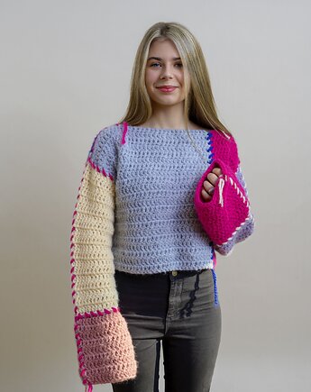 Sweter kolorowy typu patchwork z wystającymi nitkami, DecMabu