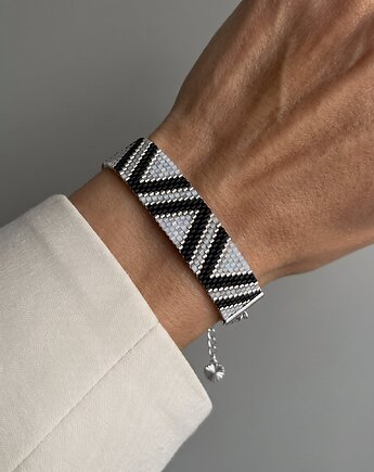 Biało srebrna bransoletka z koralików Miyuki - geometryczna, Mosuki
