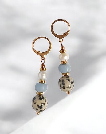 Anielskie kolczyki : angelit, perły, jaspis : zamknięte bigle, kaktusia