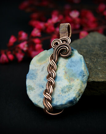 Koral fossil wisiorek wire wrapping, Blue Pearl Art