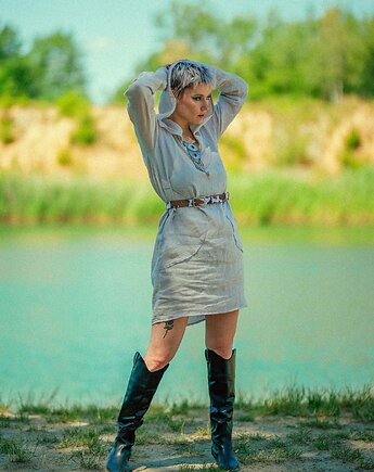 Sukienka lniana z wielkim kapturem ,boho, na plaże, NavahoClothing