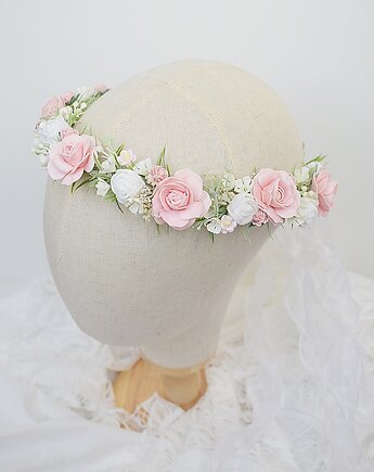 Delikatny Wianek komunijny jak żywy biel, ivory , zieleń,, Petite Dame