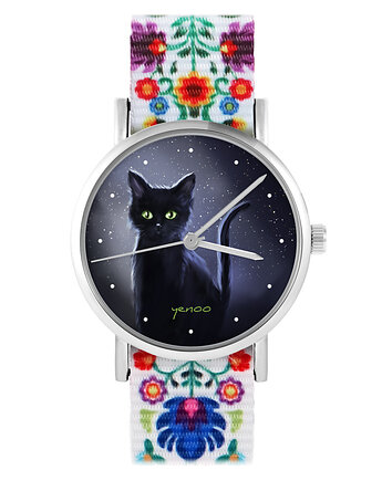 Zegarek - Czarny kot, noc - folk biały, nylonowy, yenoo