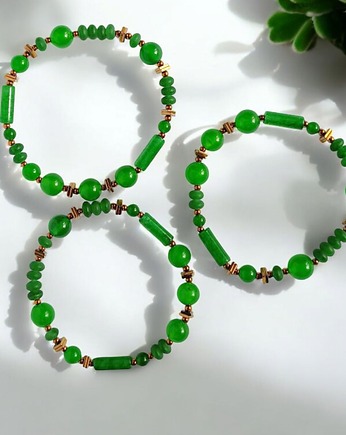 SUMMER green : bransoletka na gumce : jadeit zielony, złoty hematyt, kaktusia
