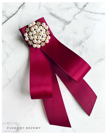 Brosza  / Krawat w kolorze burgund  z perłami  NEW, Pudrowy Różowy