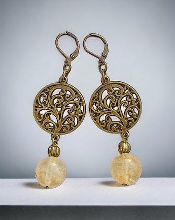 Kolczyki : kwarc kawowy : stare złoto : duże, efektowne, kaktusia