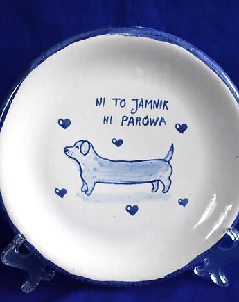 Talerz ceramiczny na ciasto "Ni to jamnik ni parówka", Kobaltowa Sroka