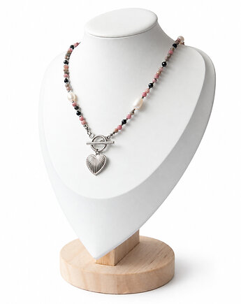 AMOUR naszyjnik z kamieni - rodonit, turmalin czarny i perła, Greenmoon Handmade