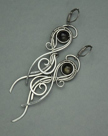 Długie kolczyki obsydian złocisty wire wrapping, Agata Rozanska