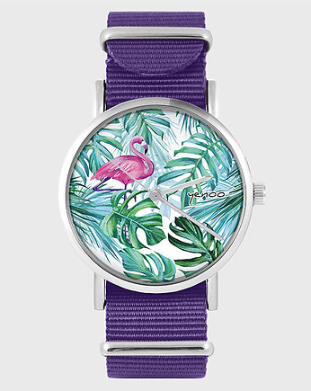 Zegarek - Flaming, tropikalny - fioletowy, palmy, OSOBY - Prezent dla teścia