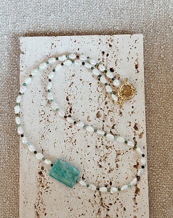 Naszyjnik z Perły Naturalne, Turkus Afrykański i Amazonit, Chmolowska Jewellery