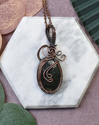 Miedziany wisiorek wire wrapping z agatem mszystym #241, Spirit Of Copper