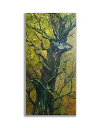 Obraz olejny ręcznie malowany 36x68 "Drzewo" jeleń + rama drewniana, Galeria Alma