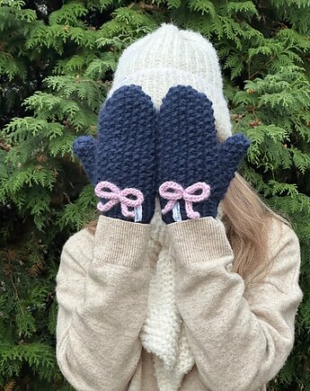 Ciepłe wełniane rękawiczki z różowymi kokardkami, GANGSTA KNIT