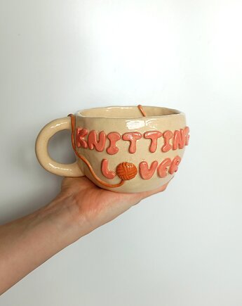 Ceramiczny ręcznie robiony kubek z napisem Knitting Lover, Ceramic Reve