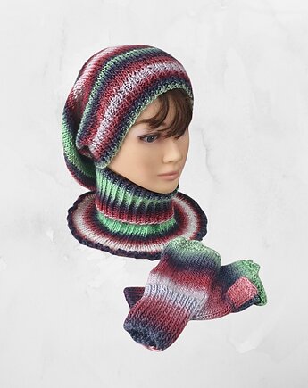 Komplet zimowy handmade: czapka, komin i mitenki w pasy, Byfyj gallery