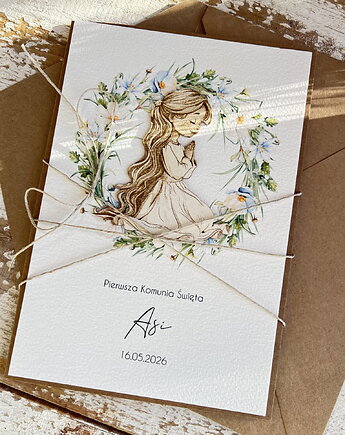 Kartka komunijna ręcznie robiona z imieniem od matki chrzestnej A5 duża, sorte