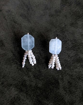 Kolczyki z akwamarynem i perłami naturalnymi, srebro, biżuteria handmade, Nebula7