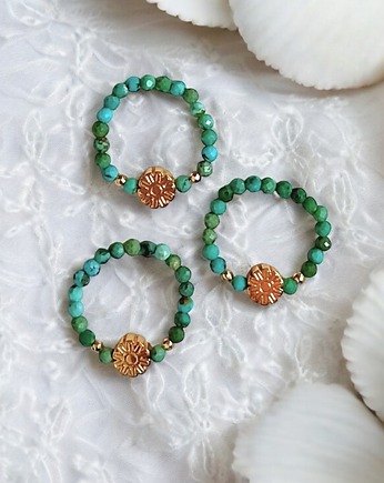 Pierścionek PREMIUM :: turkus naturalny & złoty hematyt, kaktusia