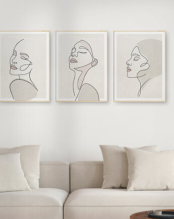 Zestaw 3 stylowych plakatów w stylu Boho, kobieta, twarz, line art., Grawisfera