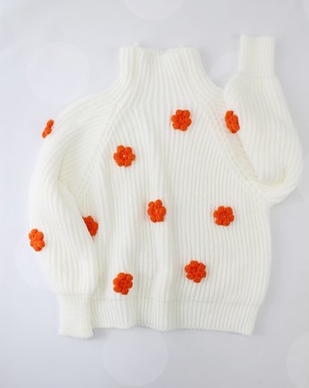 Gruby sweter z ręcznie dzierganymi kwiatkami, laluu