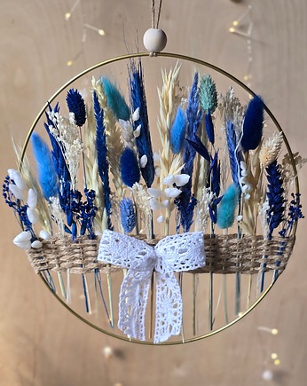 Dekoracja na ścianę do salonu lub sypialni - niebieskie suszone kwiaty, BohoSuszki