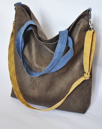 TORBA HOBO XXL - brąz, niebieski, żółty, PRACOWNIA 166